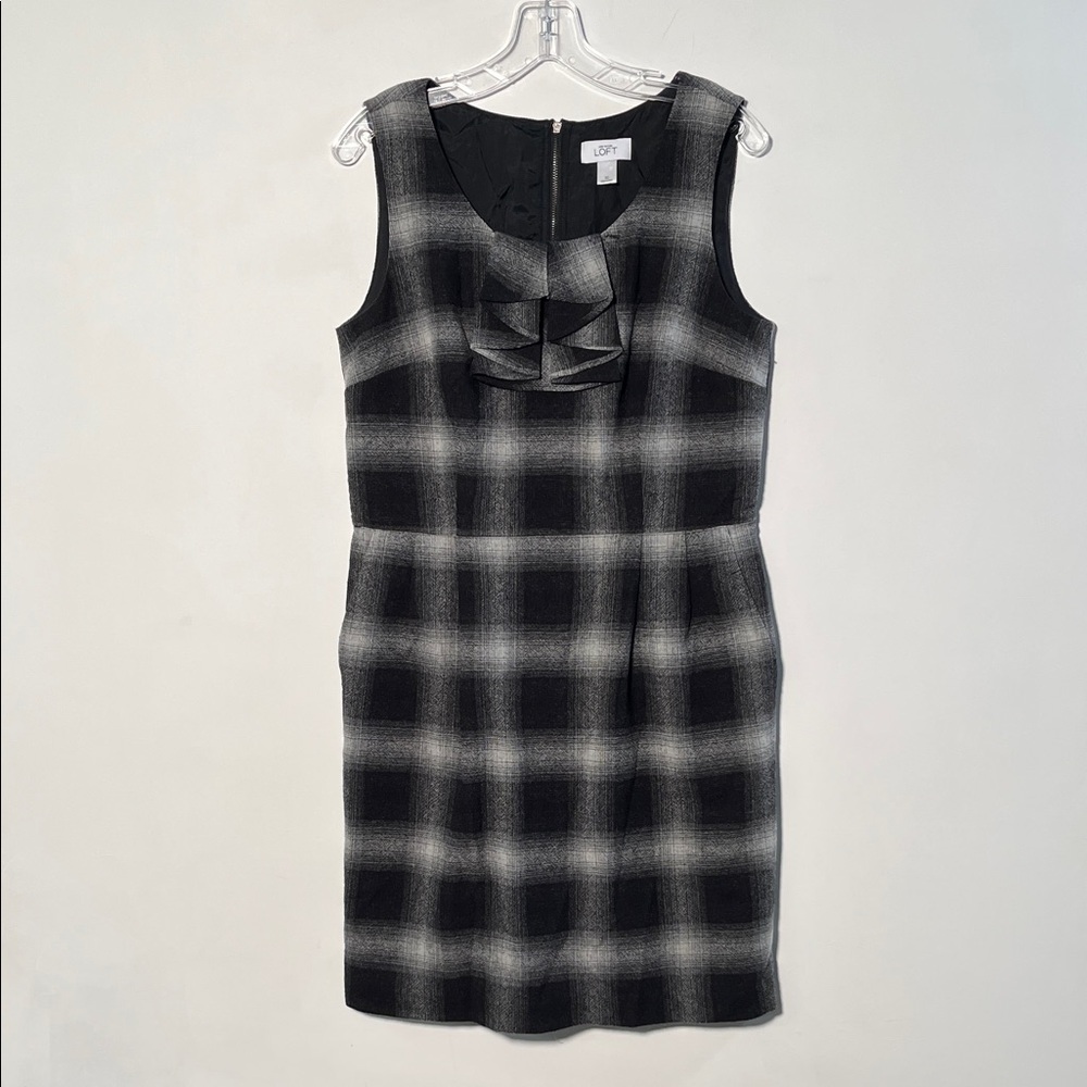 LOFT Coquette Girl Academia Career Wool BLK Grey Plaid Ruffle Cravat Dress SZ 10